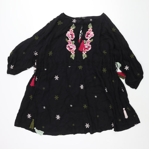 NEXT Womens Black Geometric Viscose Shift Size 12 Round Neck Tie - Drawstring Detail Tassle Embroidered
