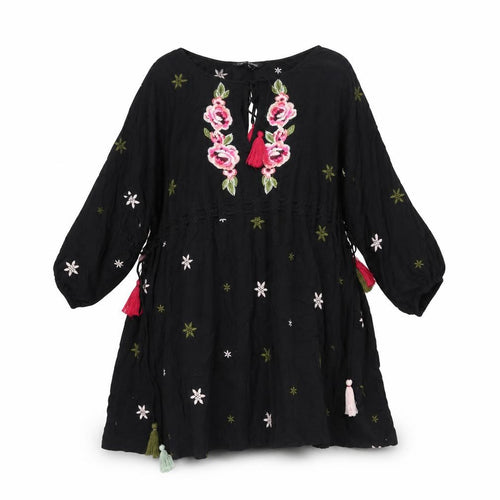 NEXT Womens Black Geometric Viscose Shift Size 12 Round Neck Tie - Drawstring Detail Tassle Embroidered