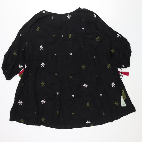 NEXT Womens Black Geometric Viscose Shift Size 12 Round Neck Tie - Drawstring Detail Tassle Embroidered