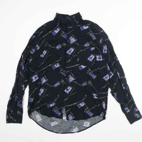 Le Frog Mens Blue Geometric Cotton Button-Up Size L Collared Button