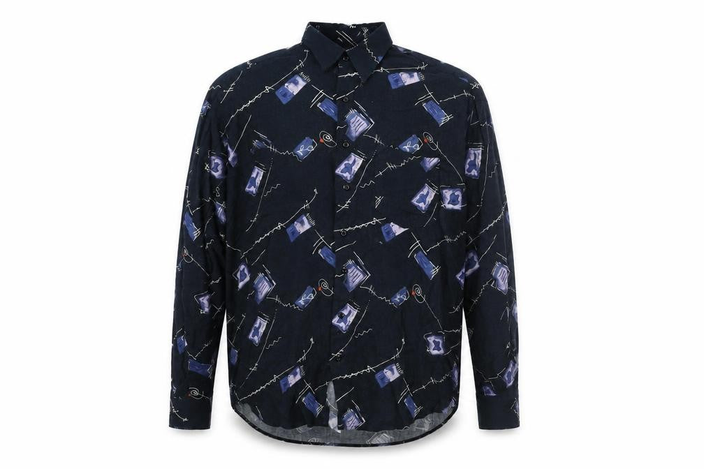 Front view of Le Frog men’s blue geometric cotton button-up, size L, collared button