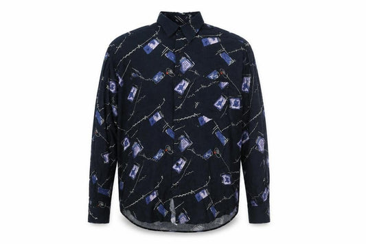 Front view of Le Frog men’s blue geometric cotton button-up, size L, collared button