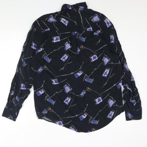 Le Frog Mens Blue Geometric Cotton Button-Up Size L Collared Button