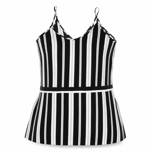 FOREVER 21 Womens Black Striped Polyester Camisole Blouse Size L V-Neck - Side Slits Belted