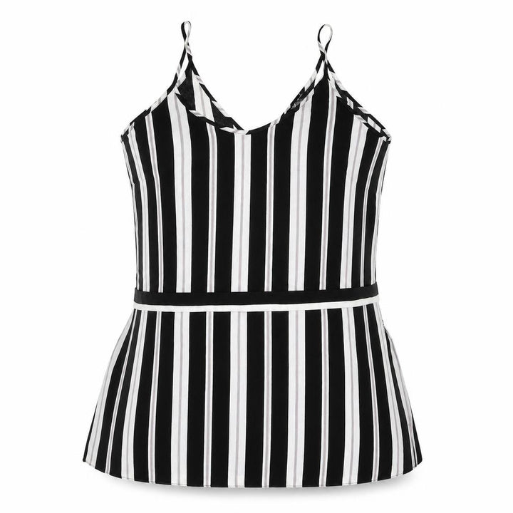 Forever 21 Womens Black Striped Polyester Camisole Blouse Size L V-Neck - Side Slits Belted