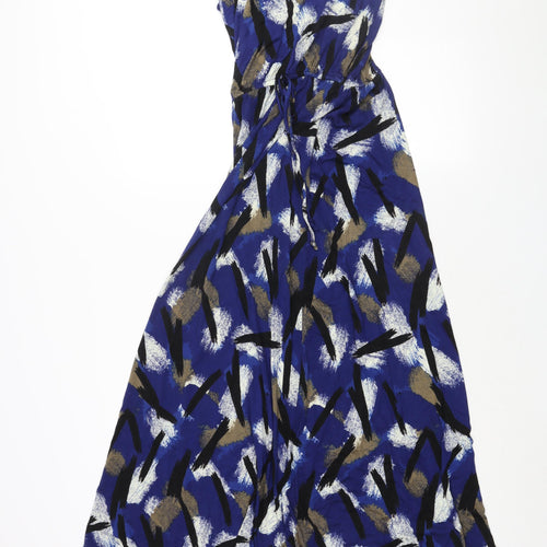 Bobeau Womens Blue Geometric Viscose Tank Dress Size 6 Round Neck Pullover - Drawstring Waist