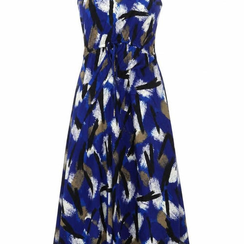 Bobeau Womens Blue Geometric Viscose Tank Dress Size 6 Round Neck Pullover - Drawstring Waist