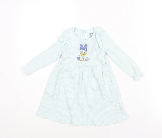 Front view of Disney girls’ blue cotton a-line, size 12-18, months round neck button - daisy duck print