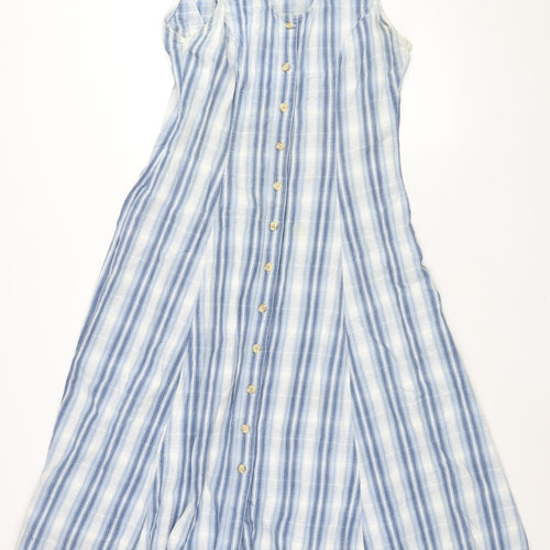 QED Womens Blue Check Cotton Shift Size L Scoop Neck Button