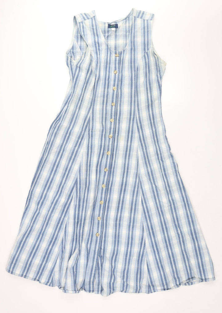 QED Womens Blue Check Cotton Shift Size L Scoop Neck Button