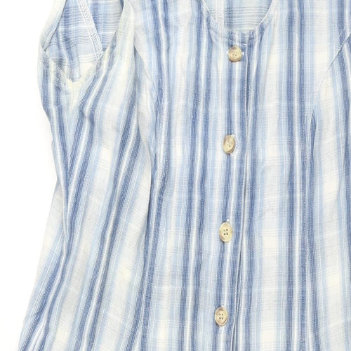 QED Womens Blue Check Cotton Shift Size L Scoop Neck Button