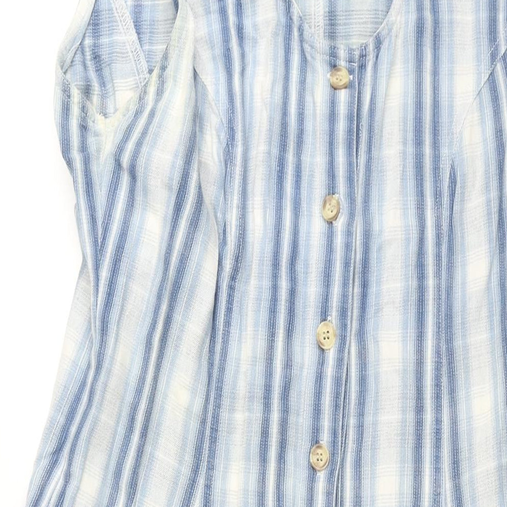 QED Womens Blue Check Cotton Shift Size L Scoop Neck Button