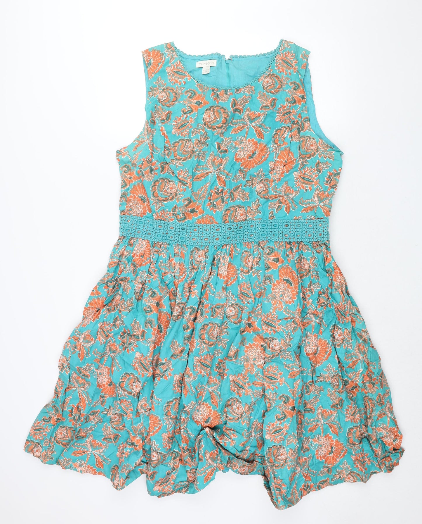 Monsoon Womens Blue Floral Cotton Fit & Flare Size 20 Round Neck Zip - Lace Belt Detail