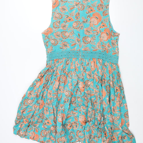 Monsoon Womens Blue Floral Cotton Fit & Flare Size 20 Round Neck Zip - Lace Belt Detail
