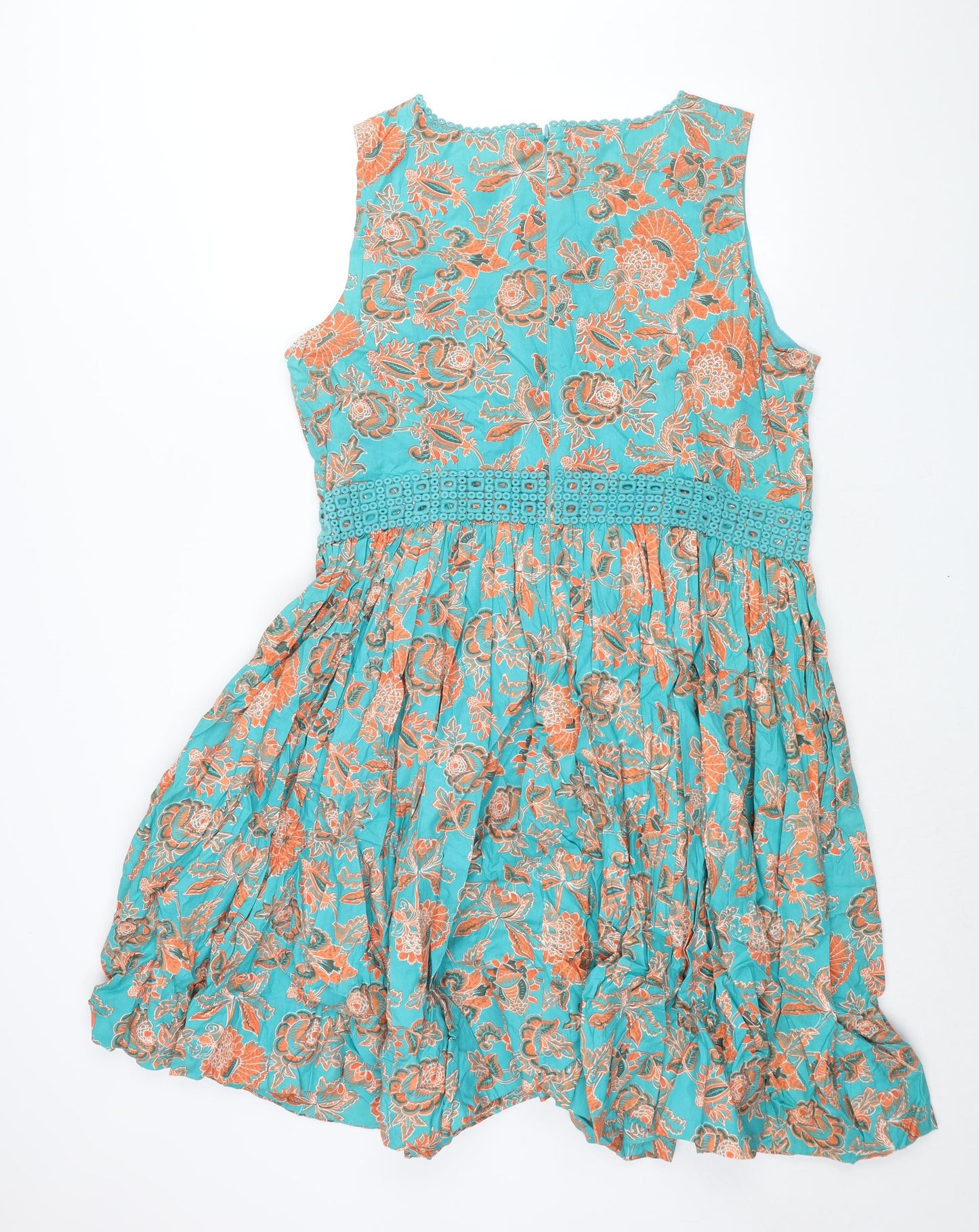 Monsoon Womens Blue Floral Cotton Fit & Flare Size 20 Round Neck Zip - Lace Belt Detail