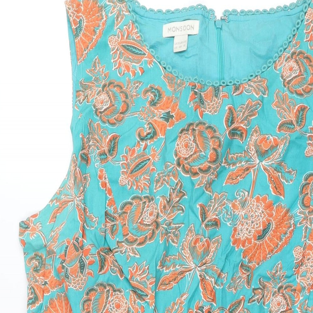 Monsoon Womens Blue Floral Cotton Fit & Flare Size 20 Round Neck Zip - Lace Belt Detail