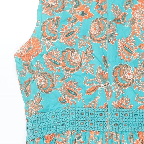Monsoon Womens Blue Floral Cotton Fit & Flare Size 20 Round Neck Zip - Lace Belt Detail