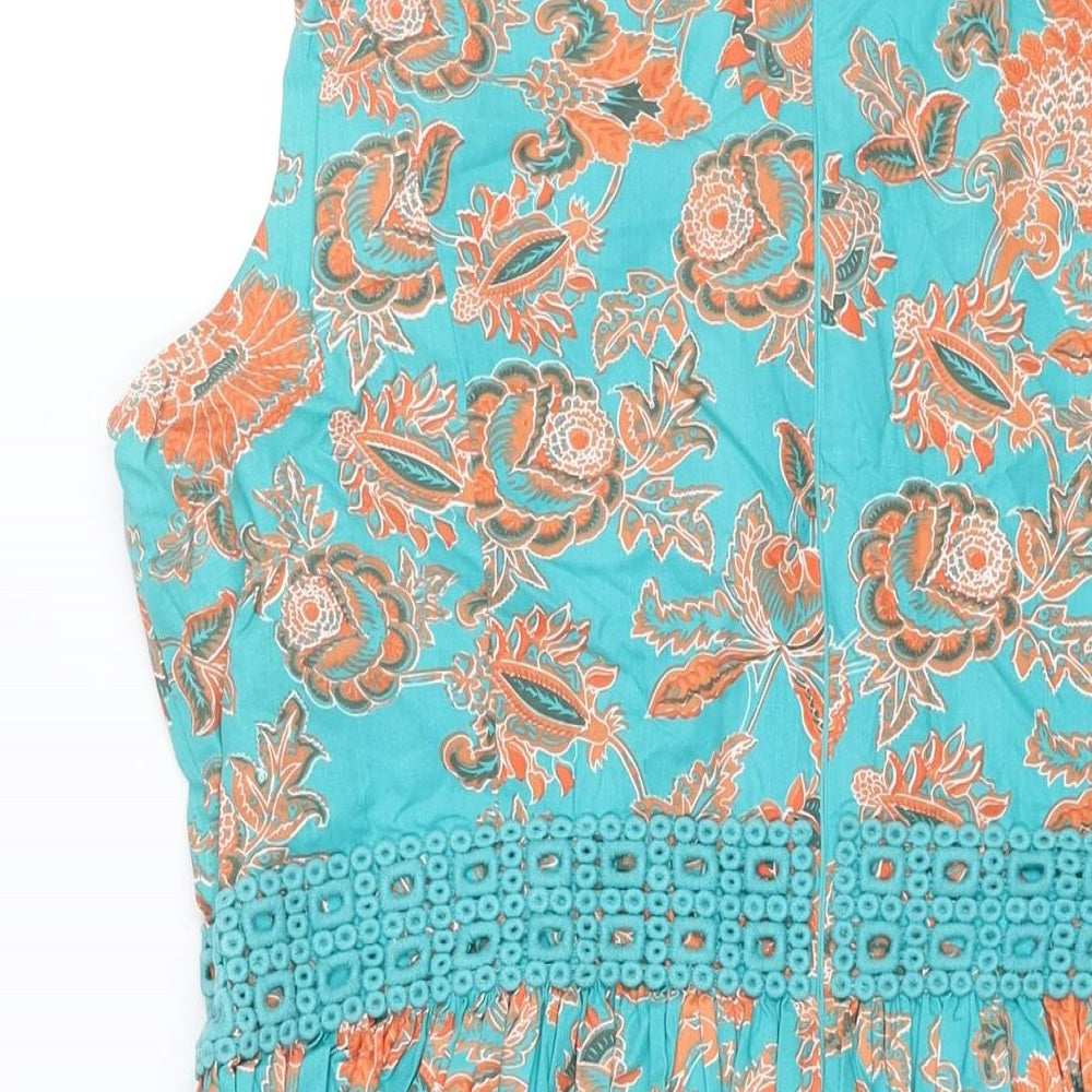 Monsoon Womens Blue Floral Cotton Fit & Flare Size 20 Round Neck Zip - Lace Belt Detail