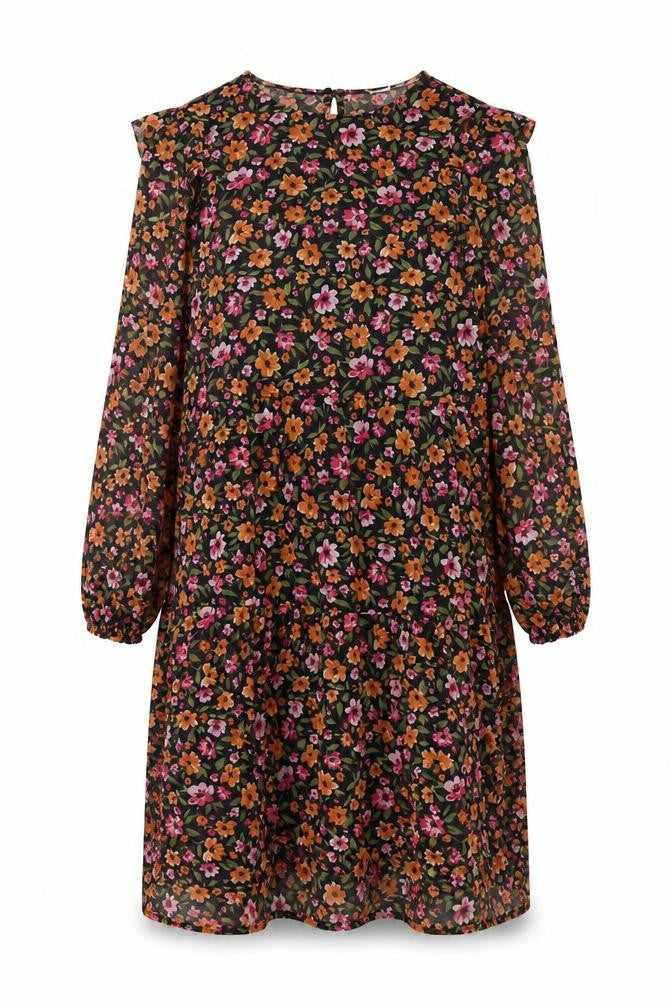 Front view of Divided by H&M women’s multicoloured floral polyester shift, size S, round neck button - frill