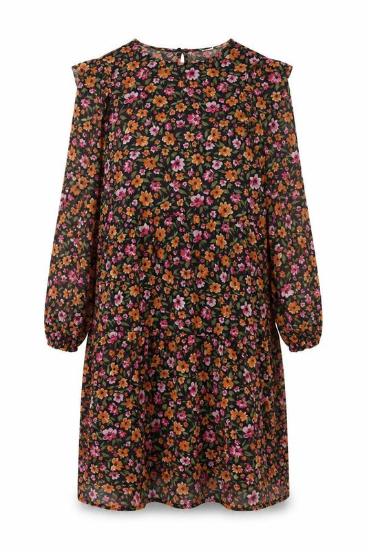 Front view of Divided by H&M women’s multicoloured floral polyester shift, size S, round neck button - frill