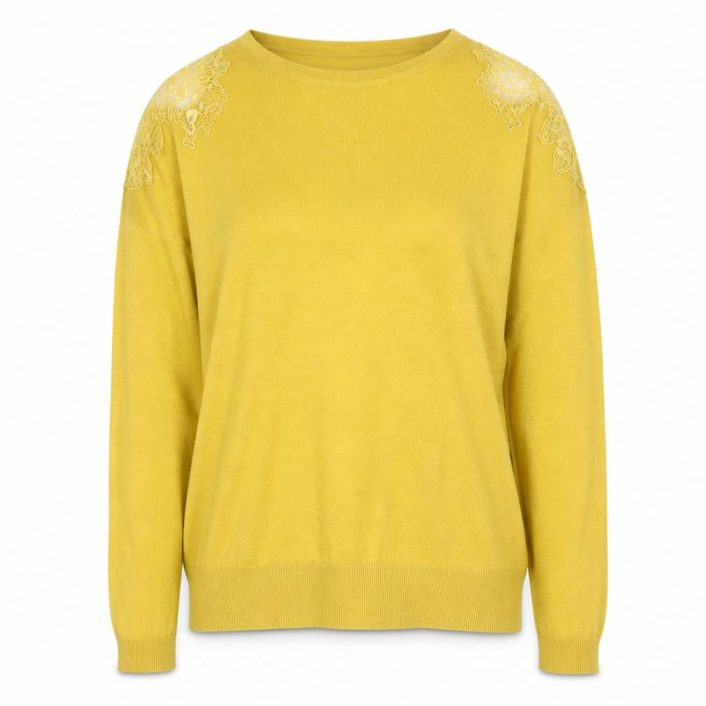 Front view of Warehouse women’s yellow round neck polyester jumper, size UK 10, - lace detail
