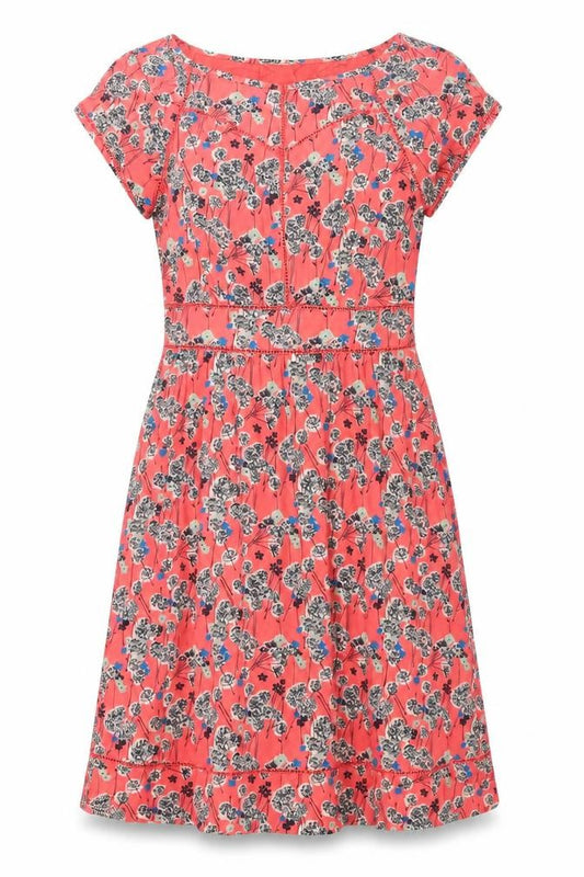 Front view of Monsoon women’s pink floral viscose a-line, size UK 10, round neck zip