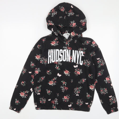 H&M Girls Black Floral Cotton Pullover Hoodie Size 10-11 Years Pullover - 10-12 Years