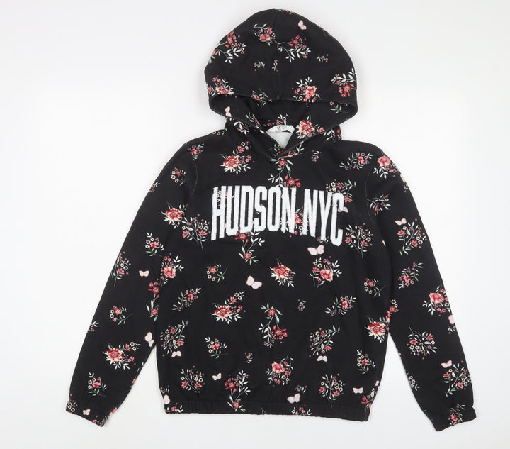H&M Girls Black Floral Cotton Pullover Hoodie Size 10-11 Years Pullover - 10-12 Years