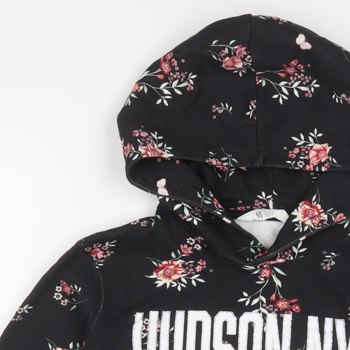 H&M Girls Black Floral Cotton Pullover Hoodie Size 10-11 Years Pullover - 10-12 Years