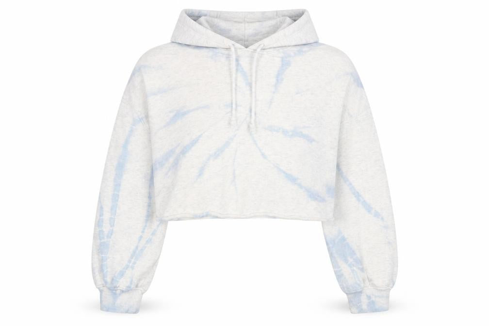Front view of H&M women’s blue geometric cotton pullover hoodie, size M, pullover