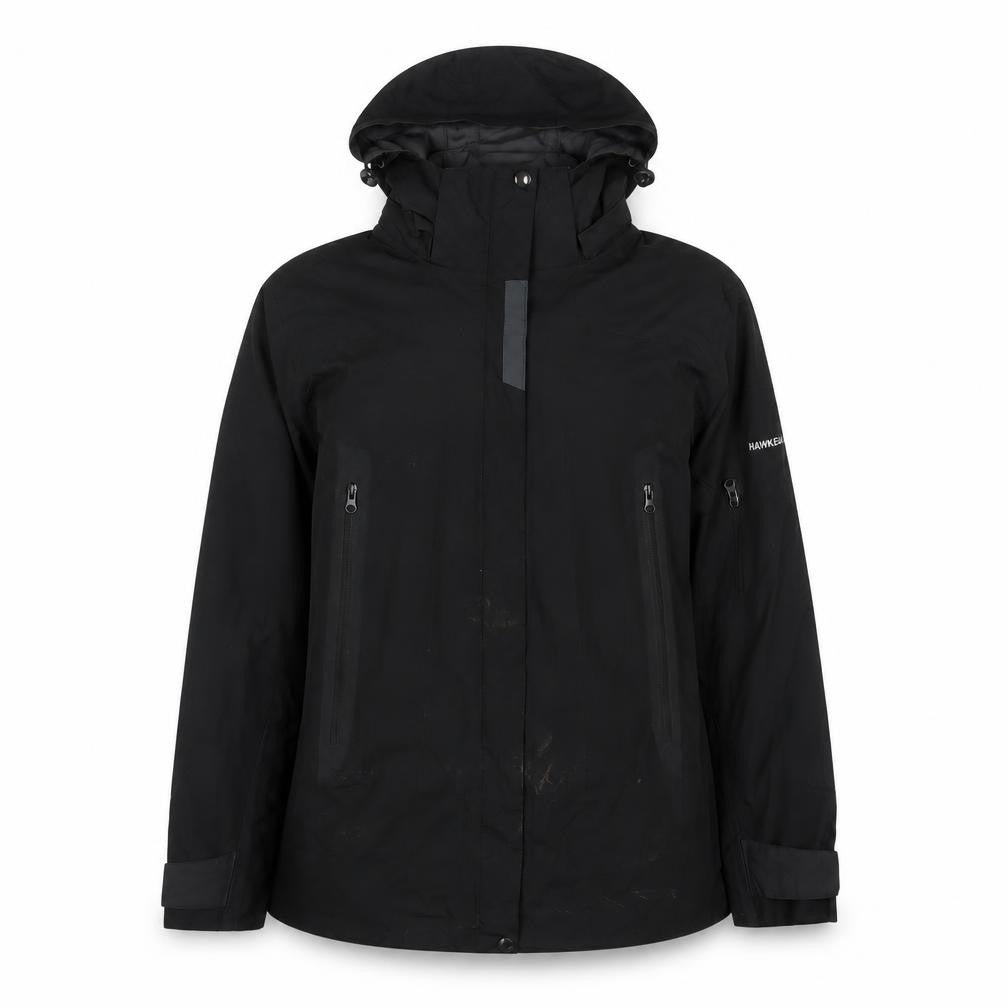 Front view of Hawke & Co women’s black jacket coat, size UK 12, zip - zip pockets