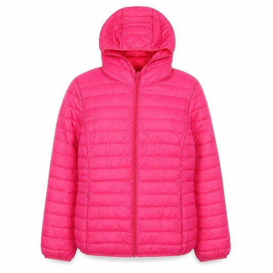 Front view of Blue Motion women’s pink puffer jacket jacket, size UK 12, zip - zip pockets