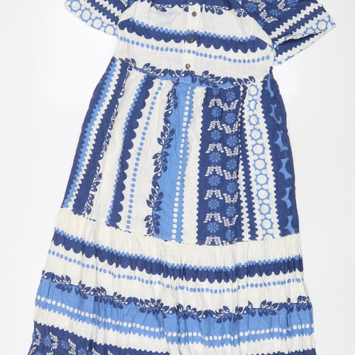 White Stuff Womens Blue Geometric Cotton A-Line Size 6 Crew Neck Button