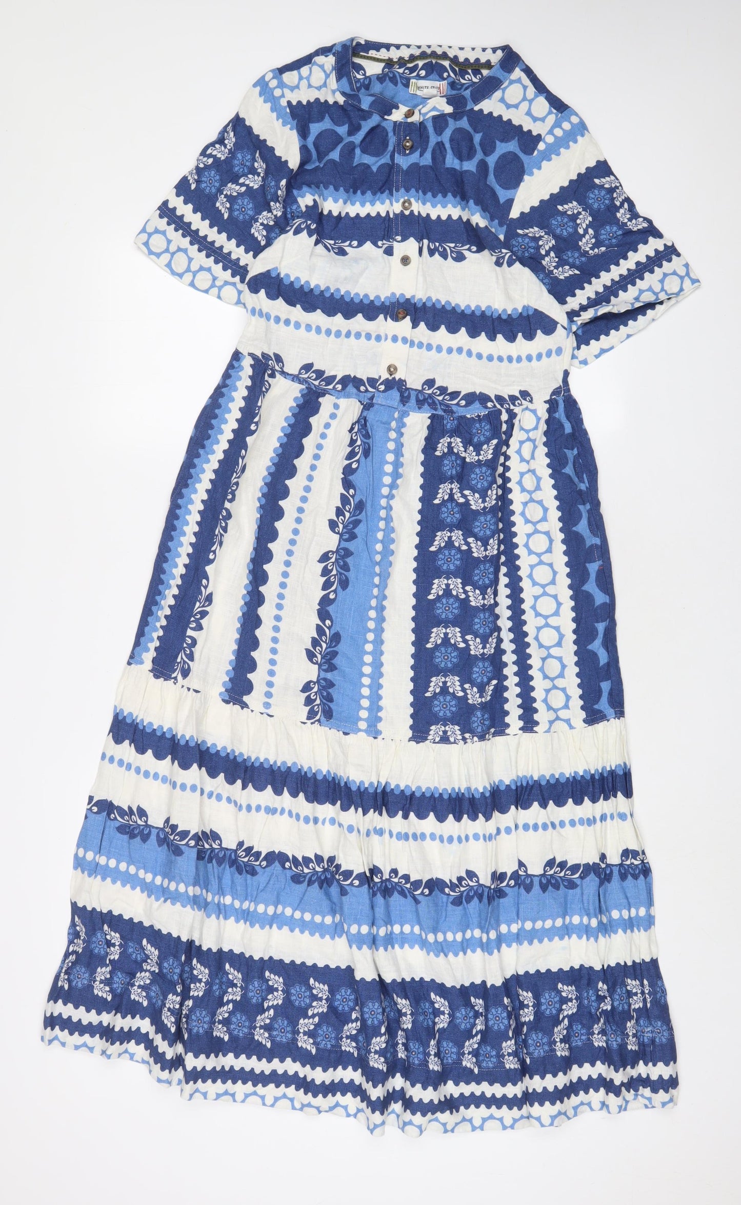White Stuff Womens Blue Geometric Cotton A-Line Size 6 Crew Neck Button