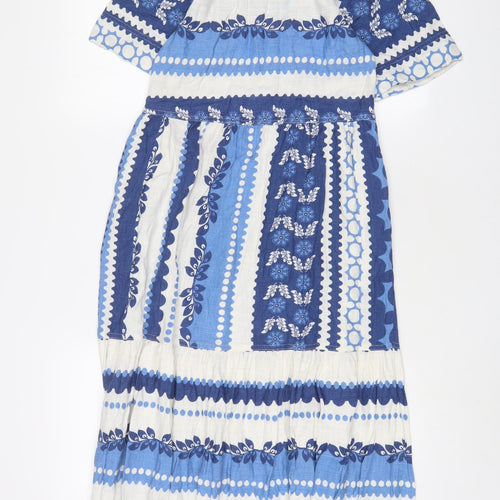 White Stuff Womens Blue Geometric Cotton A-Line Size 6 Crew Neck Button