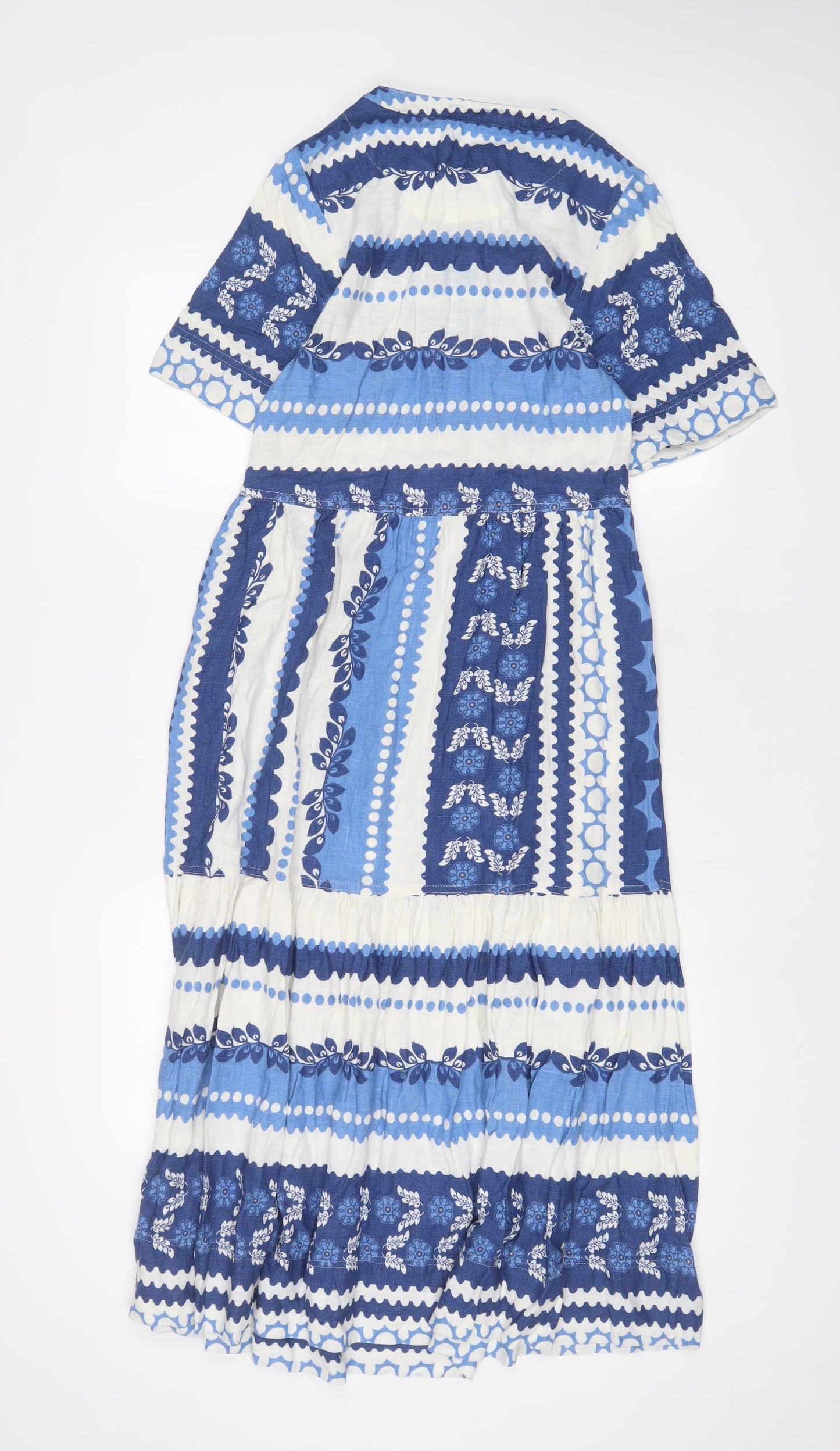 White Stuff Womens Blue Geometric Cotton A-Line Size 6 Crew Neck Button