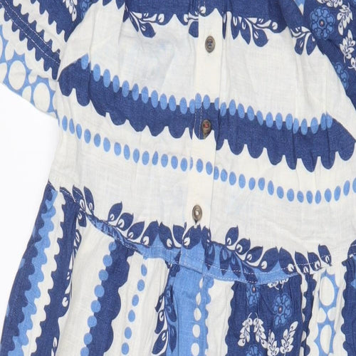 White Stuff Womens Blue Geometric Cotton A-Line Size 6 Crew Neck Button