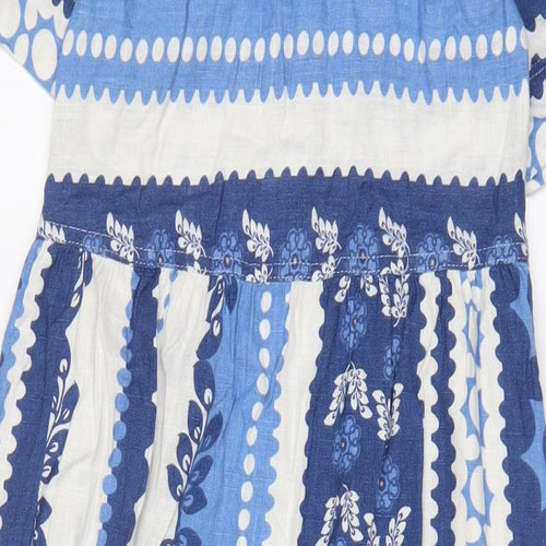 White Stuff Womens Blue Geometric Cotton A-Line Size 6 Crew Neck Button