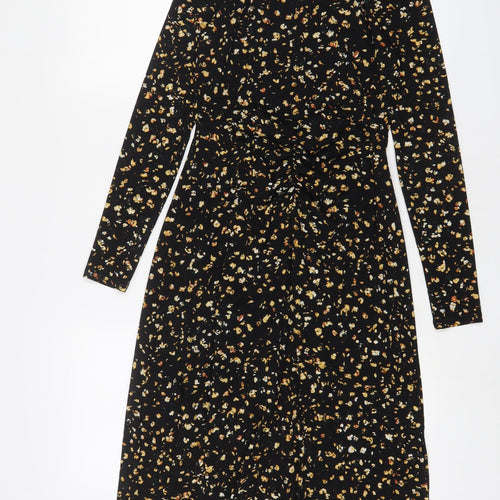 Topshop Womens Black Floral Polyester A-Line Size 8 Round Neck Button