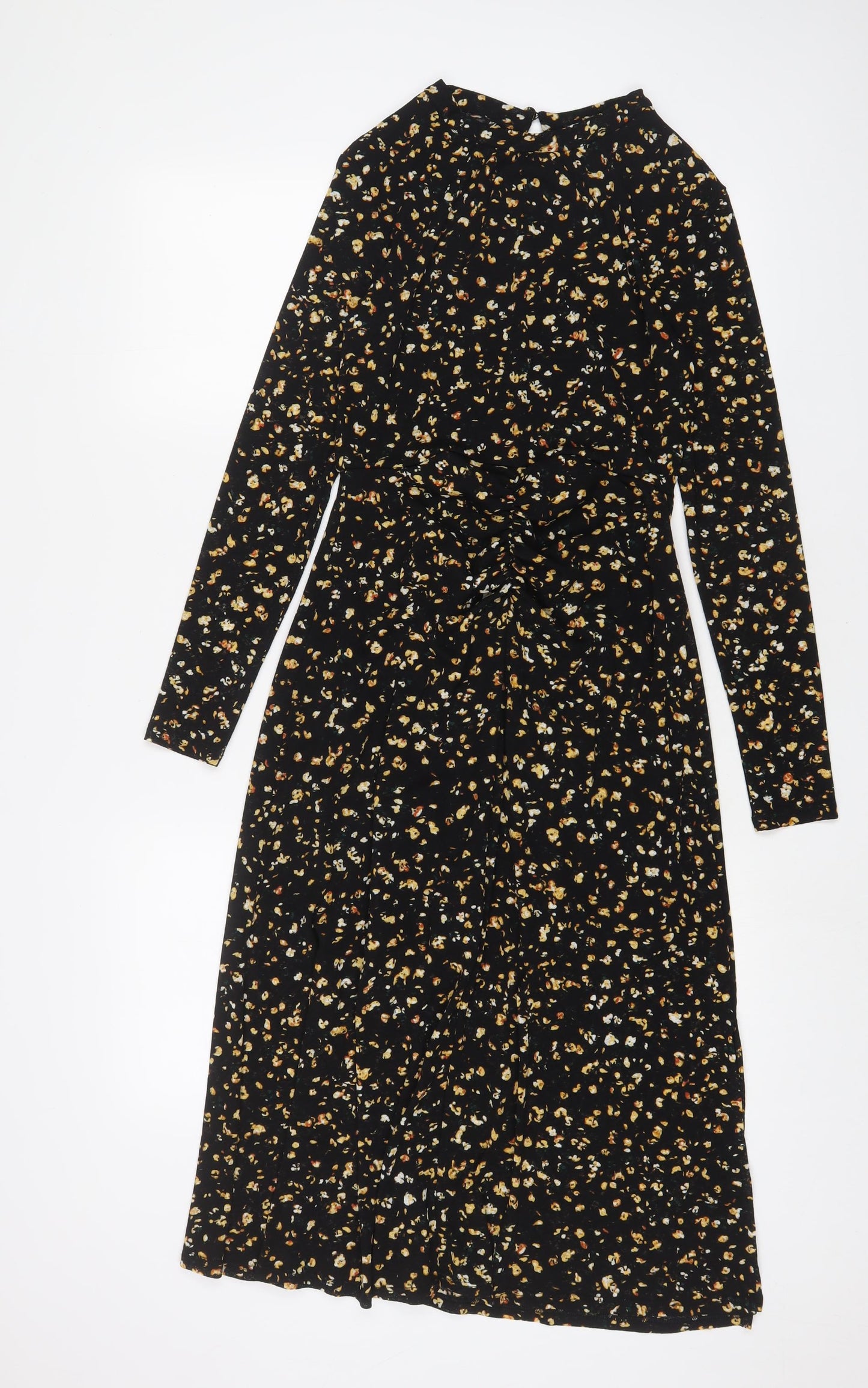 Topshop Womens Black Floral Polyester A-Line Size 8 Round Neck Button