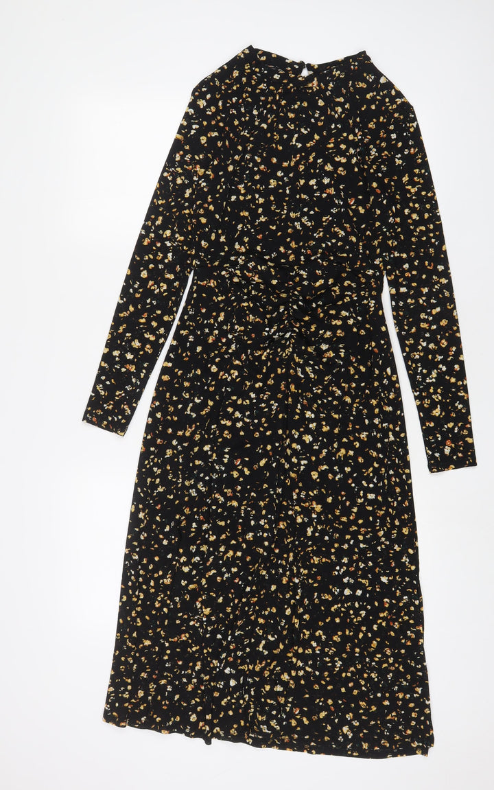 Topshop Womens Black Floral Polyester A-Line Size 8 Round Neck Button