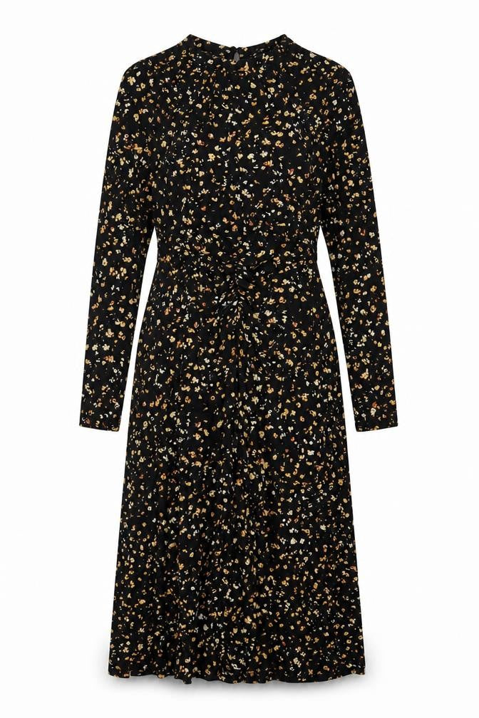 Front view of Topshop women’s black floral polyester a-line, size UK 8, round neck button