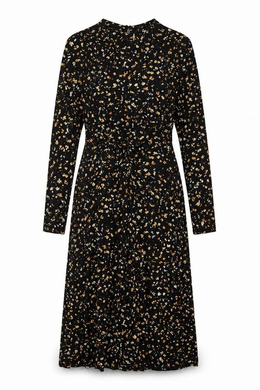 Front view of Topshop women’s black floral polyester a-line, size UK 8, round neck button