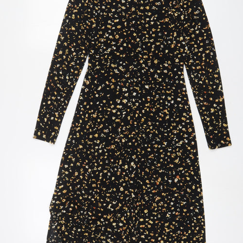 Topshop Womens Black Floral Polyester A-Line Size 8 Round Neck Button