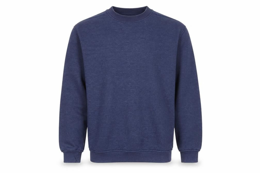 Front view of EWM men’s blue cotton pullover sweatshirt, size M