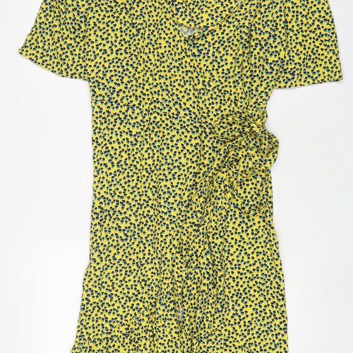 NEXT Womens Yellow Geometric Viscose Wrap Dress Size 16 V-Neck Tie