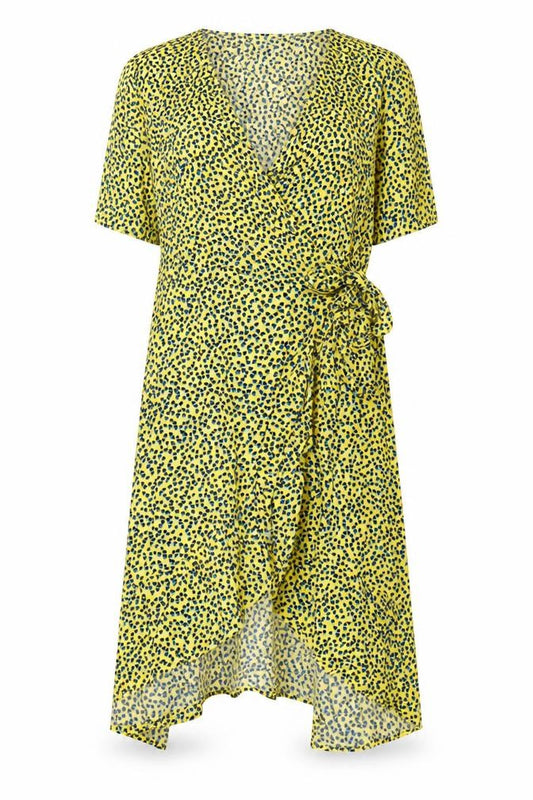Front view of Next women’s yellow geometric viscose wrap dress, size UK 16, v-neck tie