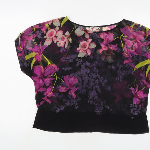 Monsoon Womens Purple Floral Polyester Basic T-Shirt Size M Crew Neck