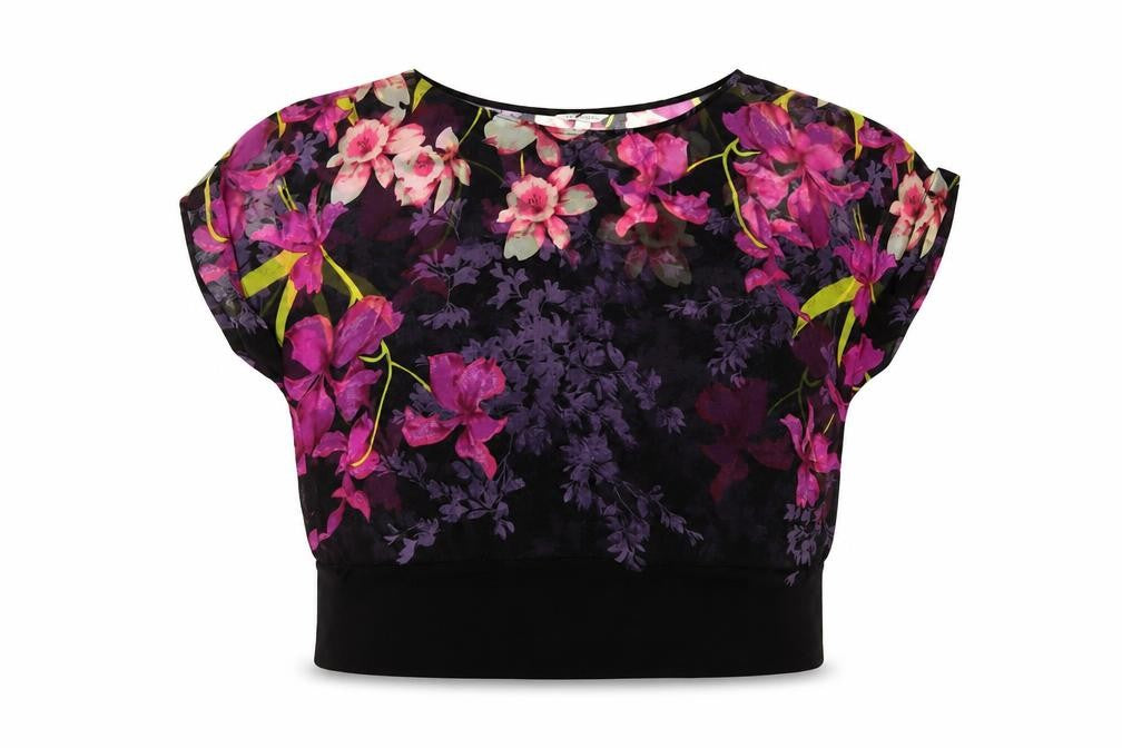 Front view of Monsoon women’s purple floral polyester basic t-shirt, size M, crew neck