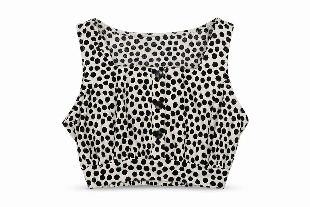Front view of New Look women’s beige polka dot polyester cropped tank, size UK 10, scoop neck